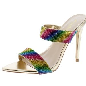 Gold Metallic Rainbow Rhinestones High Heel Sandals